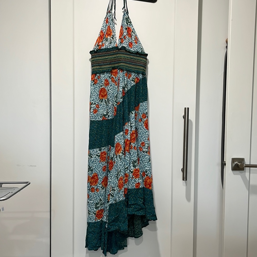 Free people embroidered waist, assymetrical hem, dress.